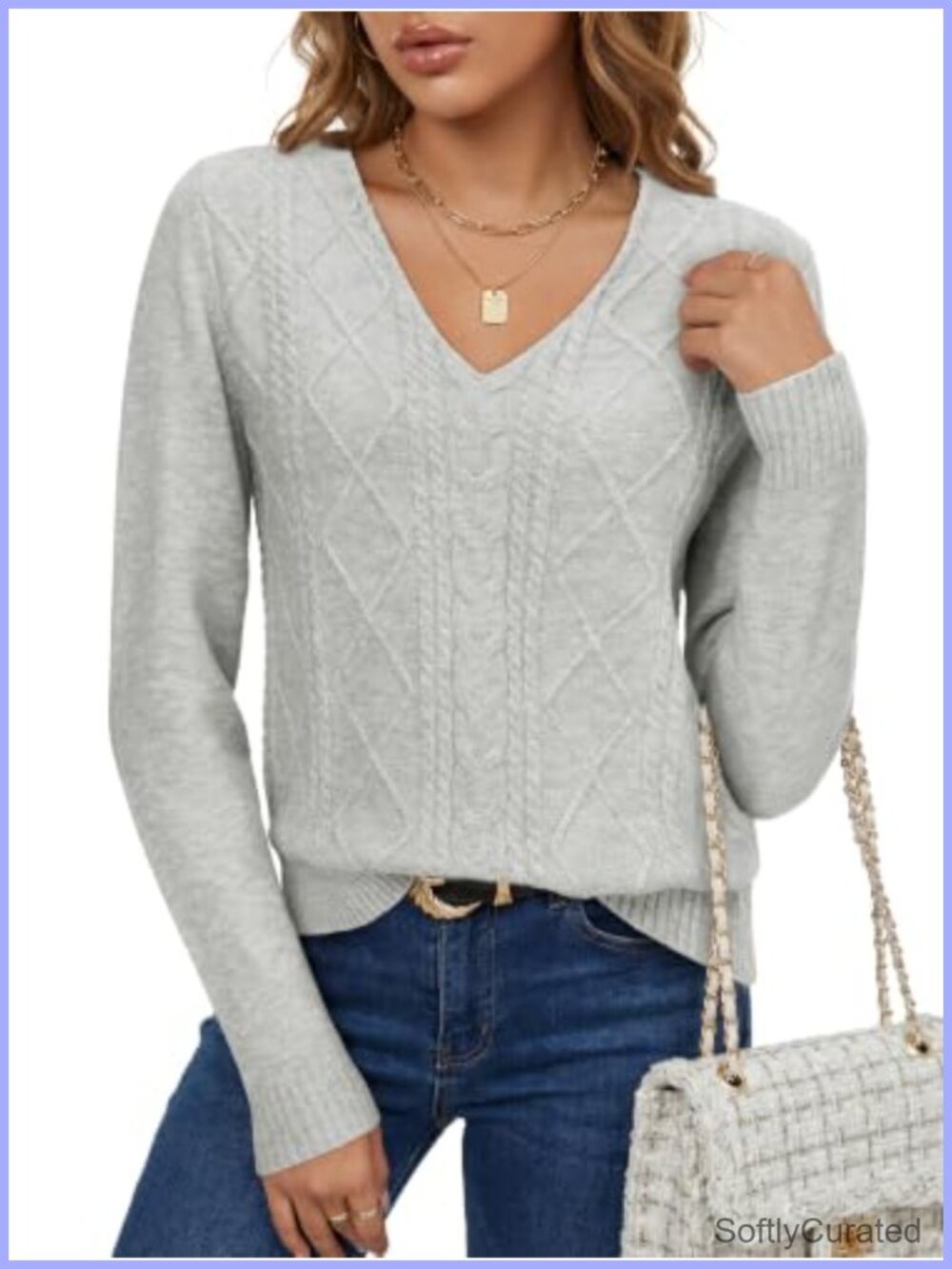 Cable Knit V-Neck Pullover Sweater Work Office